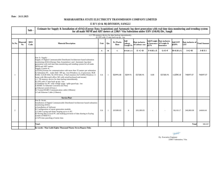 Estimate For S&I of EDAQ 220kV Vita | PDF | Personal Computers ...