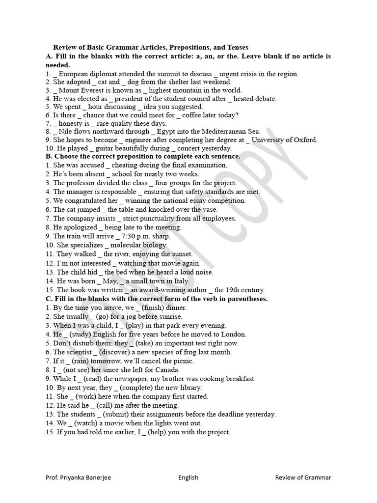 Grammar Review: Articles, Prepositions, Tenses | PDF