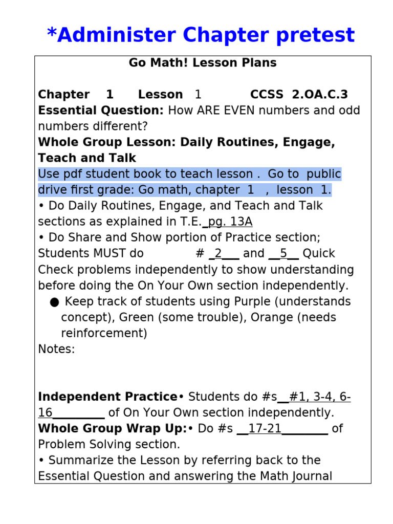 Chapter1 Grade 2 GoMathLessonPlans | PDF | Science | Pedagogy