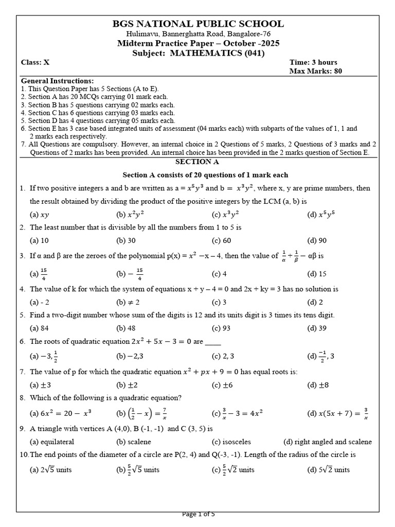 Class X Mathematics Midterm Paper | PDF | Triangle | Circle