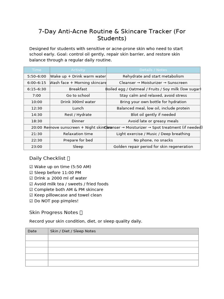 7-Day Anti-Acne Routine and Skincare Tracker A4 | PDF