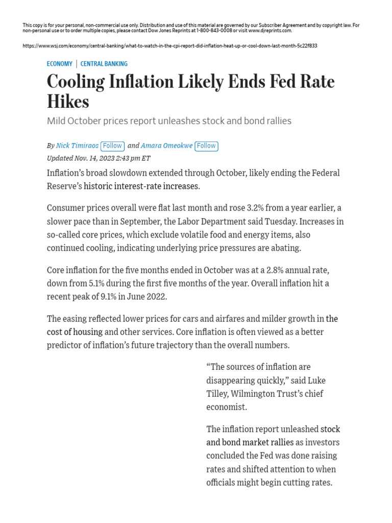 Cooling Inflation Likely Ends Fed Rate Hikes - WSJ | PDF | Inflation |  Federal Reserve