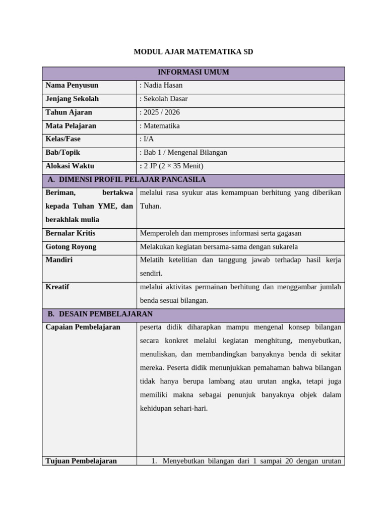 Modul Ajar Matematika Kelas 1 SD | PDF