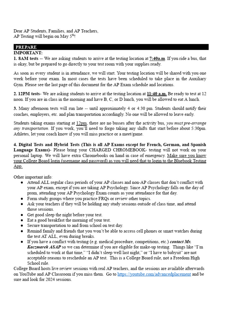AP Testing Guidelines and Schedule 2025 | PDF
