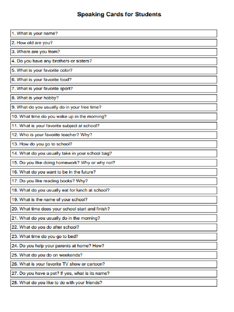 Speaking Cards (Easy Level) For Students | PDF