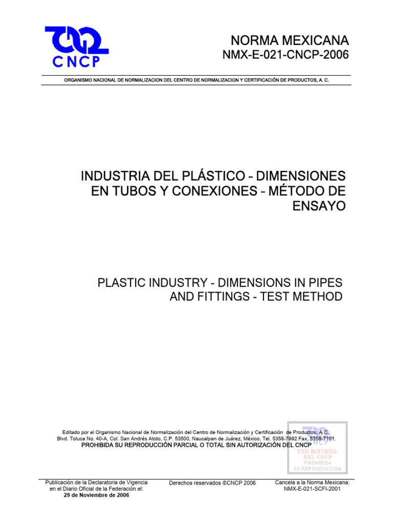 Norma NMX-E-021-CNCP-2006: Tubos Plásticos | PDF | Medición | México