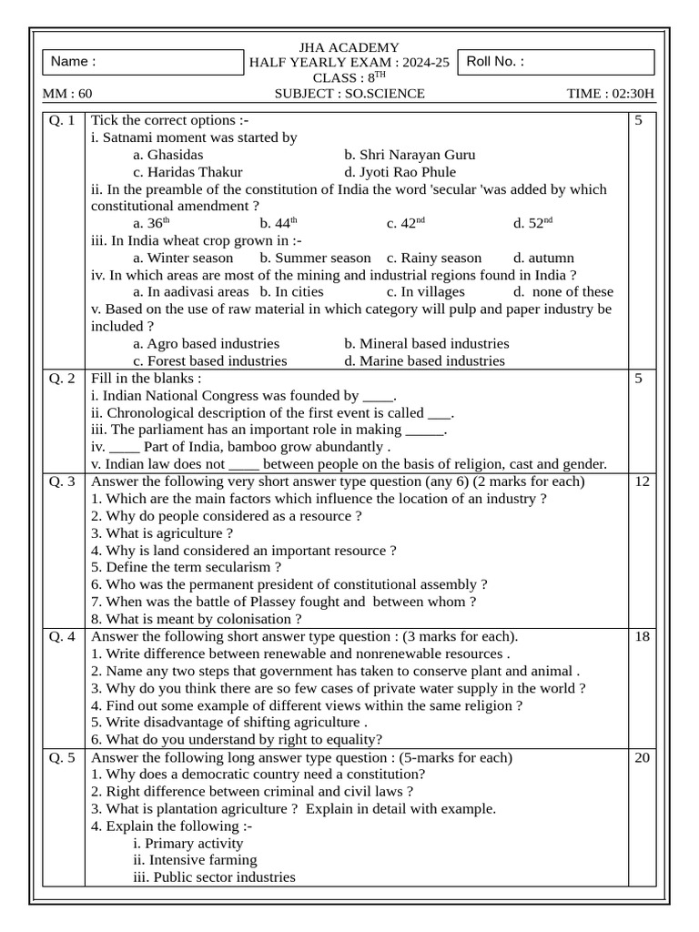 8th social paper | PDF