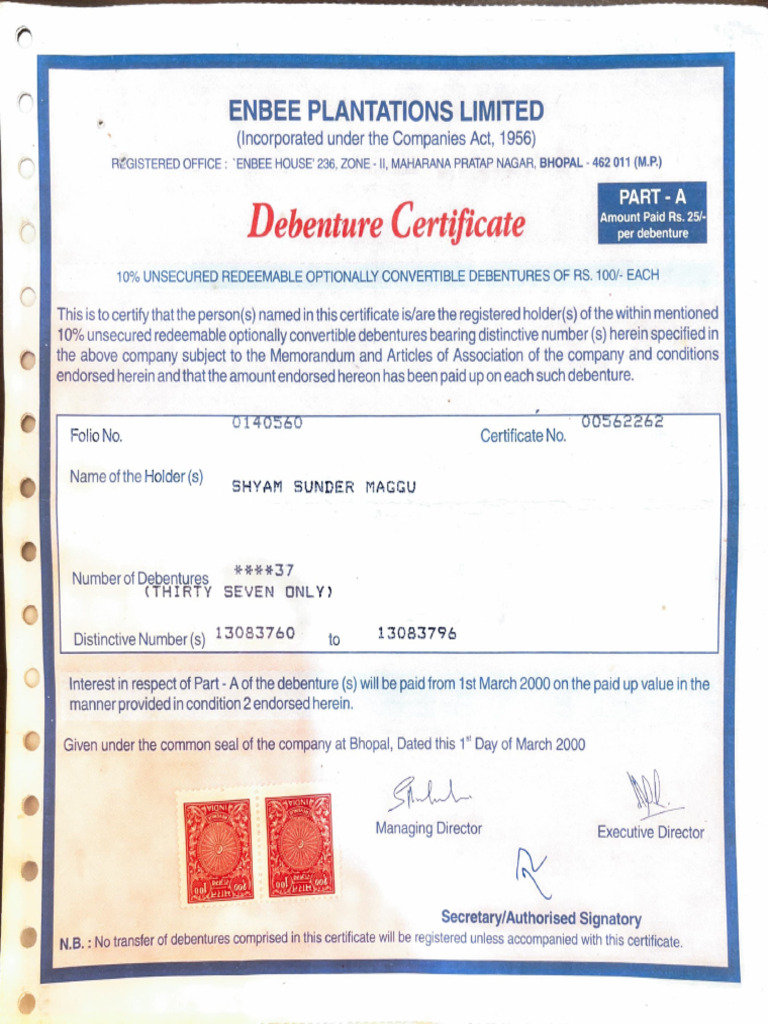 Enbee Plantations Debenture Certificate | PDF | Debenture | Corporations