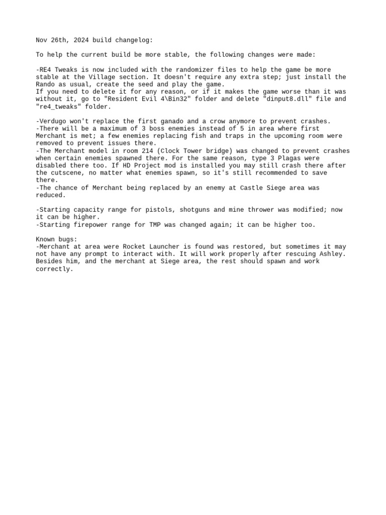 Resident Evil 4 Build Changelog Nov 2024 | PDF