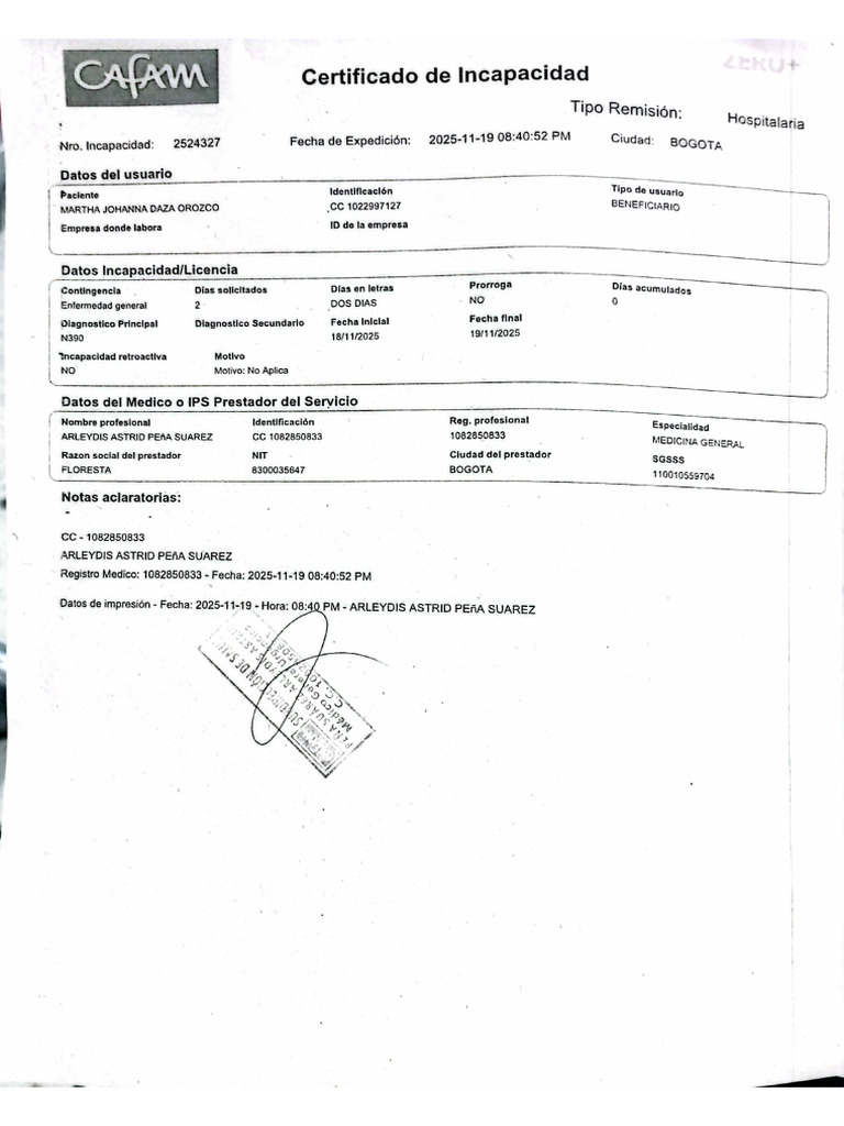 Certificado de Incapacidad | PDF