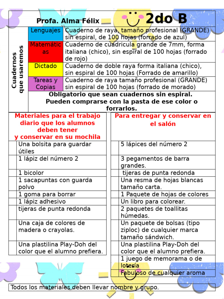 Lista de Materiales 2do B Alma 2024 | PDF