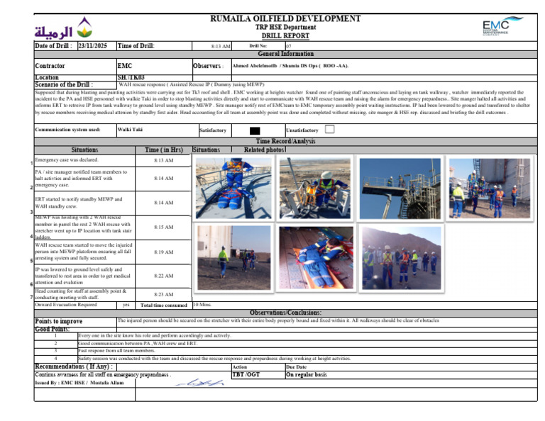 WAH Rescue Drill Sh. Tk3 23-11-2025 | PDF | Safety | Occupational ...