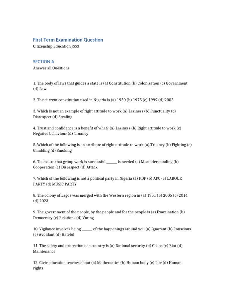 Citizenship Education Exam Questions JSS3 | PDF