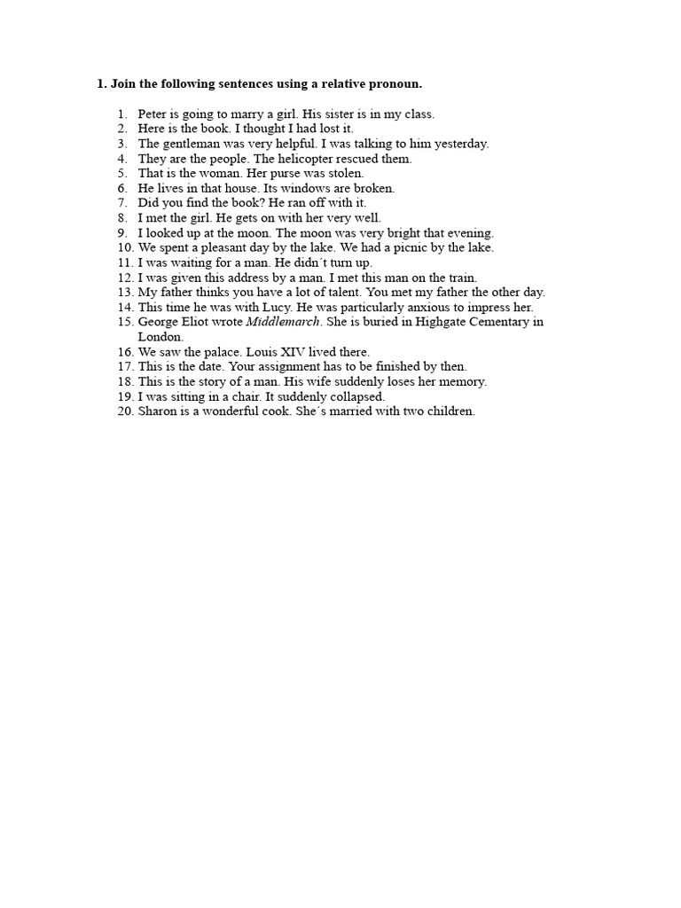 Relative Pronoun Sentence Exercises | PDF