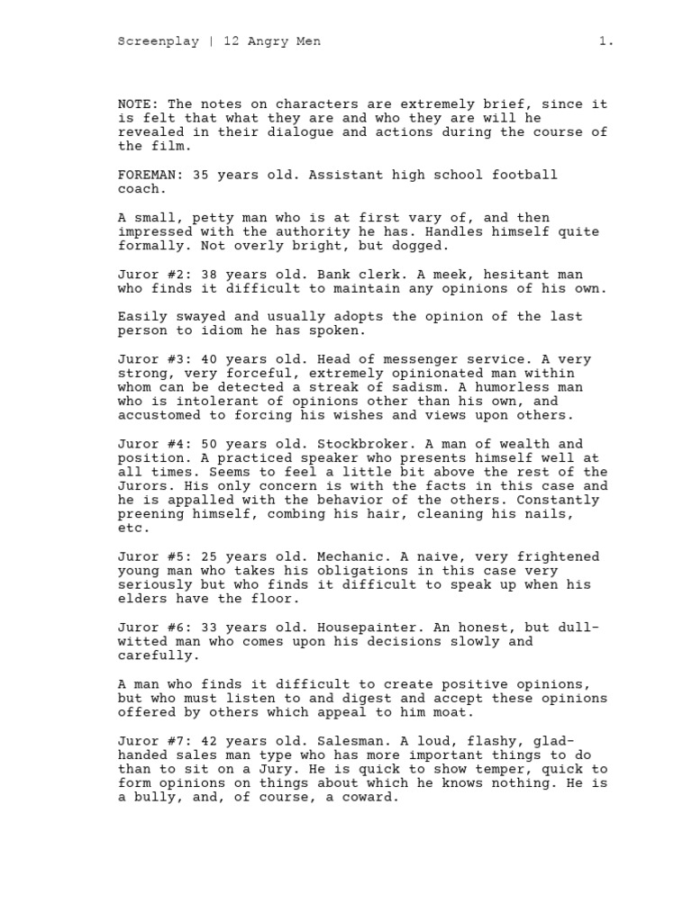 12 Angry Men Screenplay Overview | PDF | Public Law