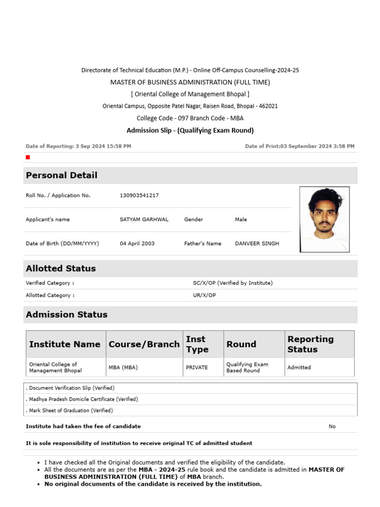 Admission Slip Satyam Garhwal | PDF | Master Of Business Administration ...