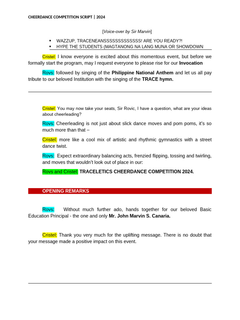 2024 Cheerdance Competition Script | PDF | Cheerleading | Entertainment
