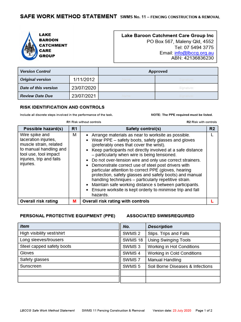 Fencing Construction SWMS & Safety Guide | PDF | Risk | Personal ...