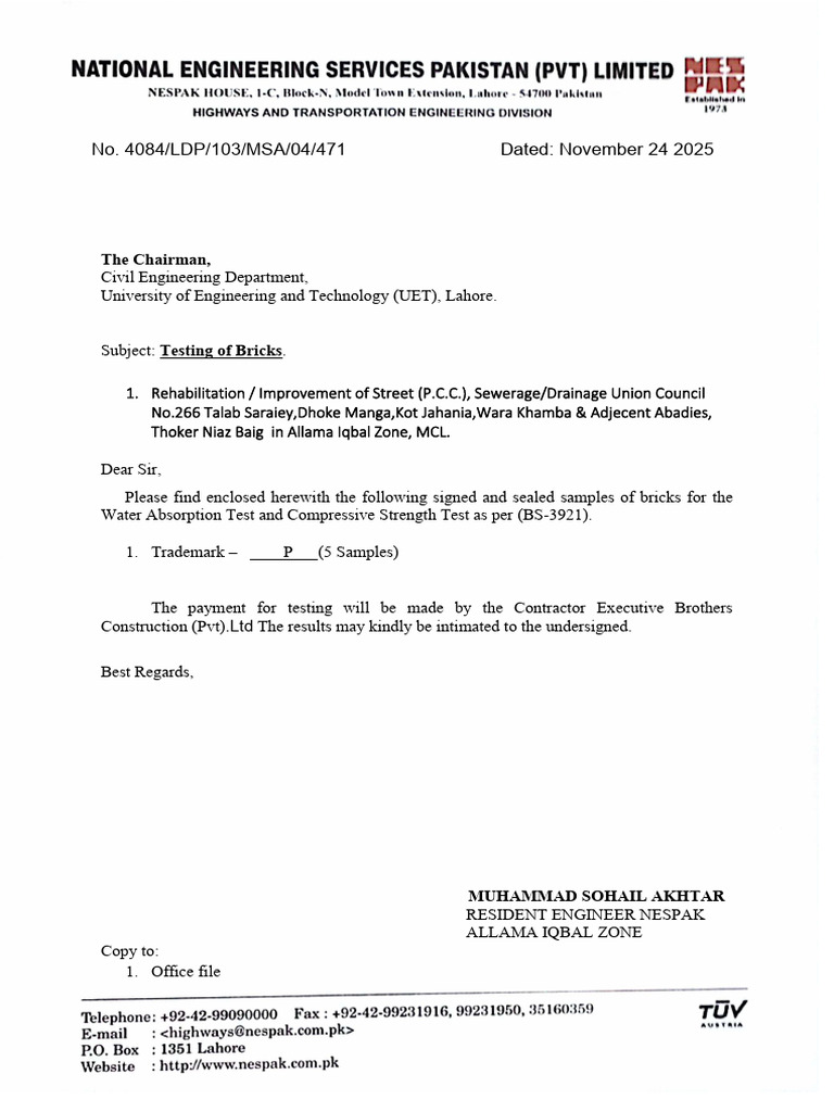 Brick Testing Request for UET Lahore | PDF