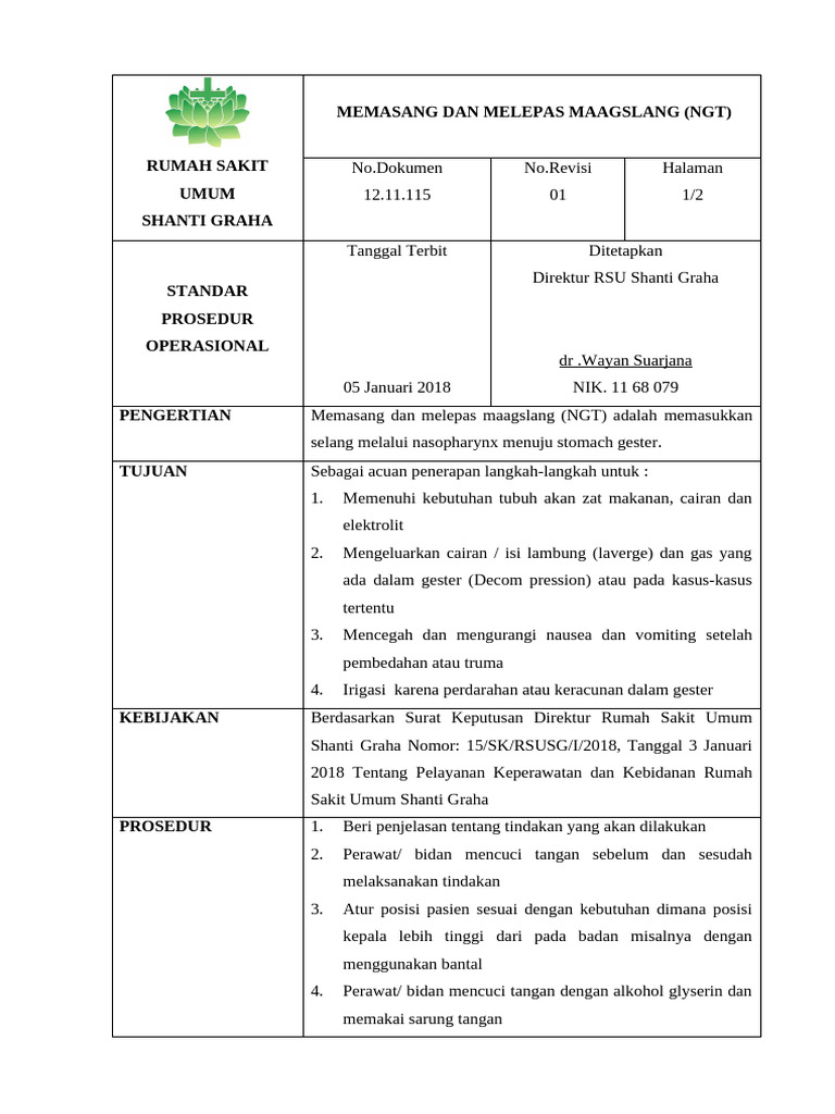 SPO Memasang Dan Melepas Maagslang (NGT) | PDF