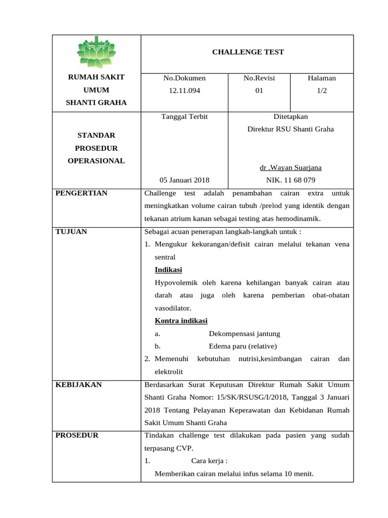 Prosedur Challenge Test RSU Shanti Graha | PDF