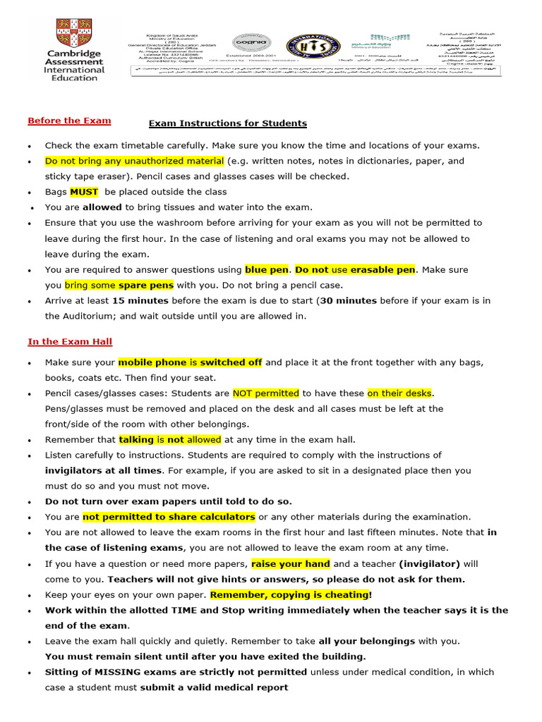 Exam Instructions for Students | PDF