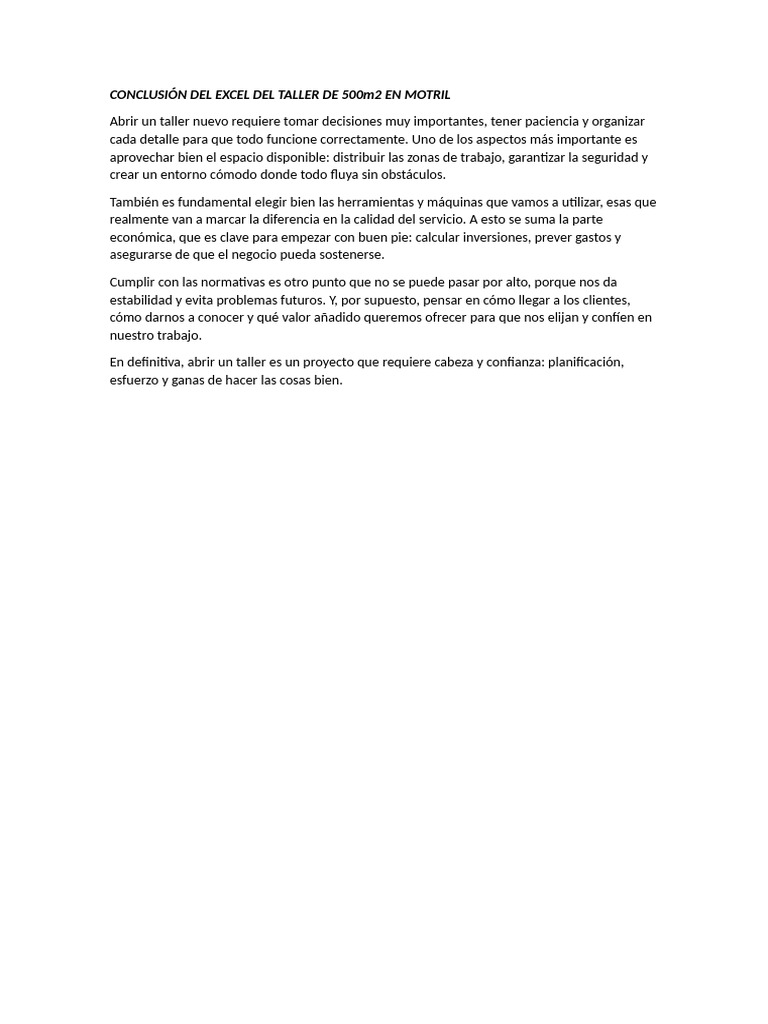 Conclusión Del Excel Del Taller de 500m2 en Motril | PDF