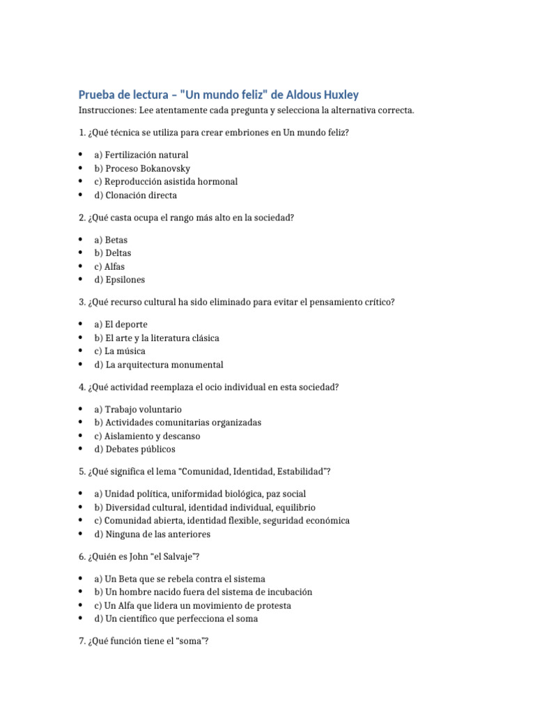 Prueba Un Mundo Feliz | PDF