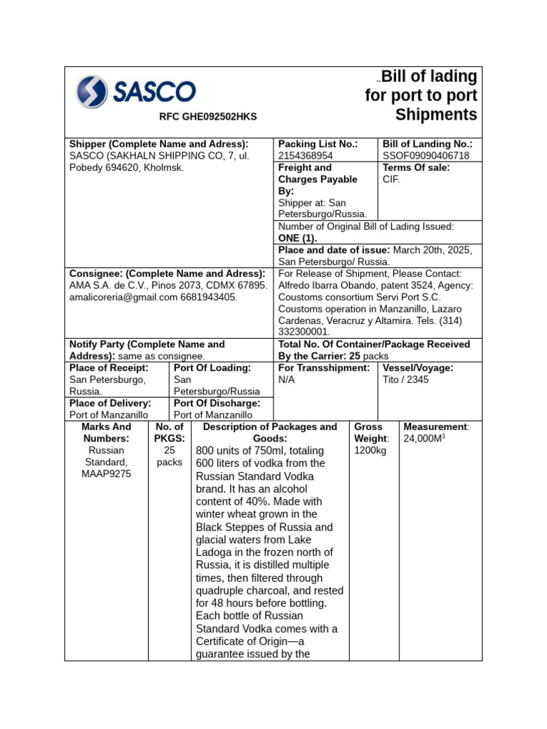8.bill of Landing | PDF | Cargo | Bill Of Lading