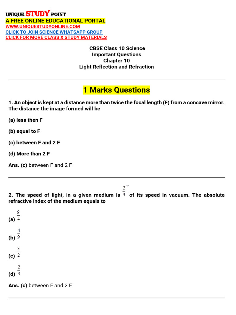 Class 10 Science: Light Reflection & Refraction Questions | PDF ...