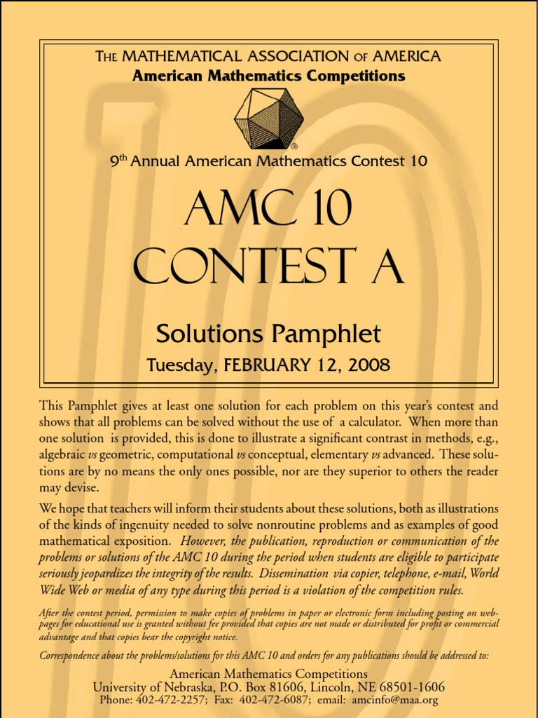 AMC 10 Contest A: Solutions Pamphlet | PDF | Geometry | Teaching ...