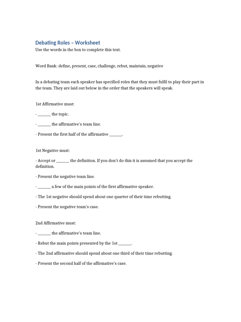 Debating Roles Worksheet Guide | PDF
