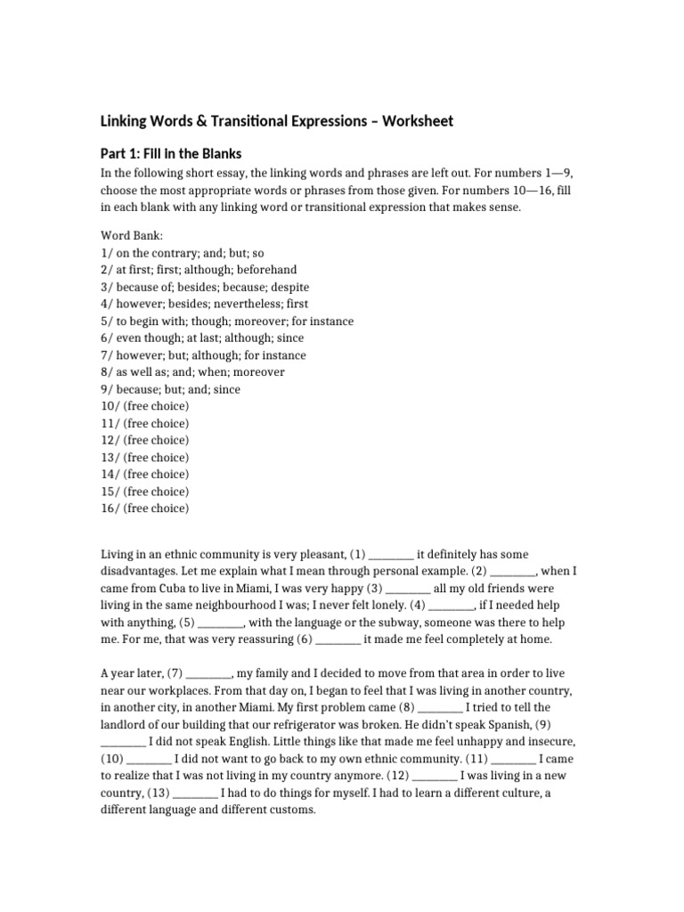 Linking Words Worksheet | PDF