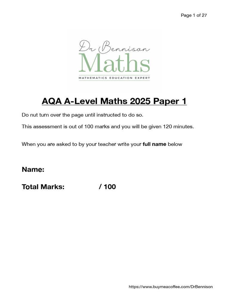 AQA A-Level Maths 2025 Paper 1 Exam | PDF | Mathematics | Geometry