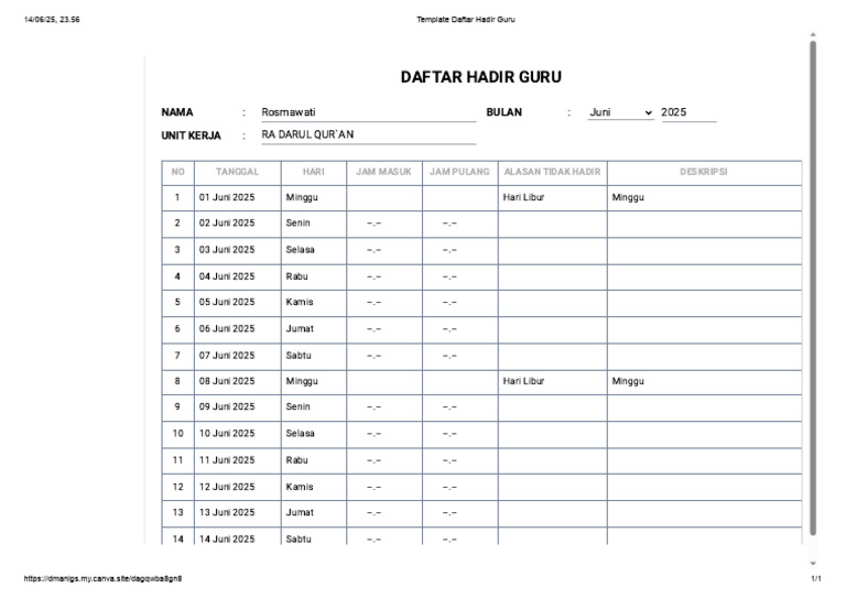Template Daftar Hadir Guru | PDF