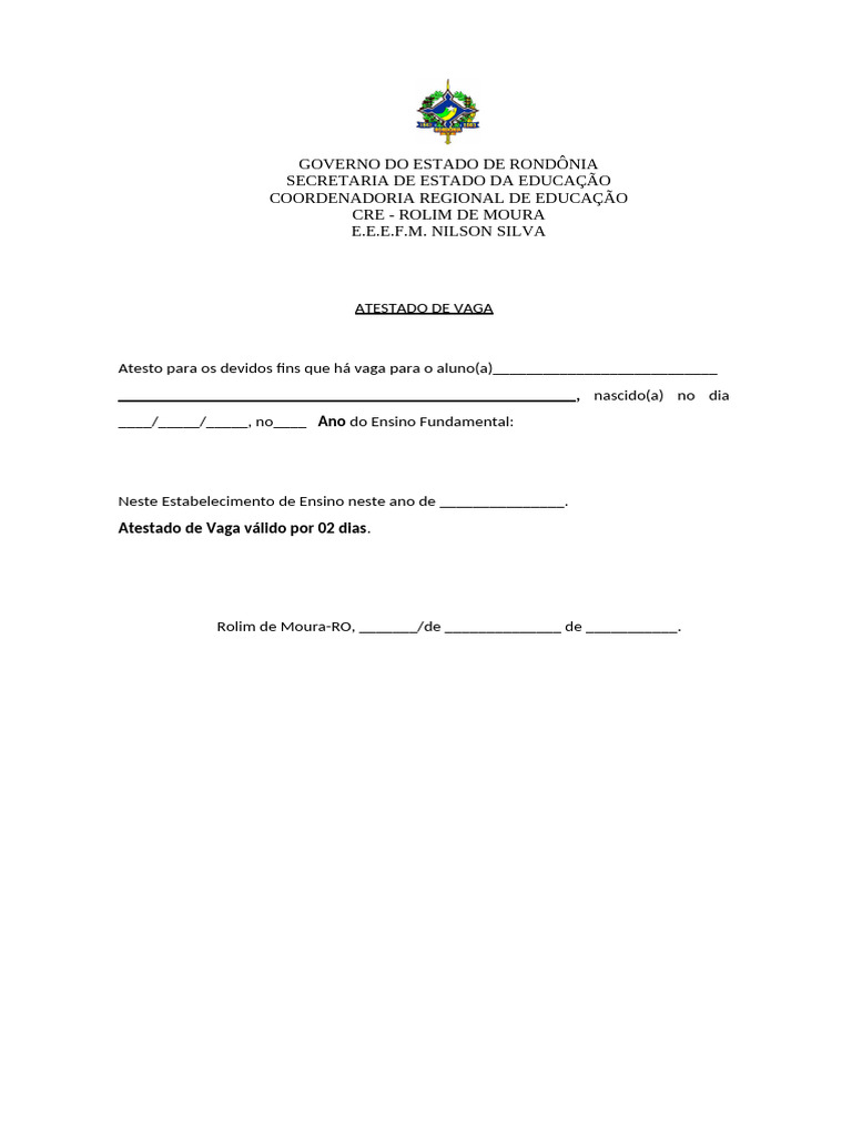 Atestado de Vaga Escolar em RO | PDF