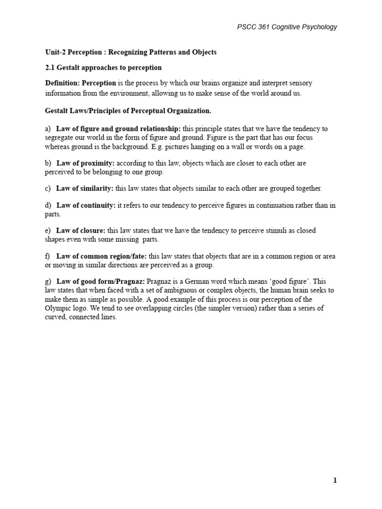 PSCC 361 Unit 2 Perception | PDF | Perception | Psychological Concepts