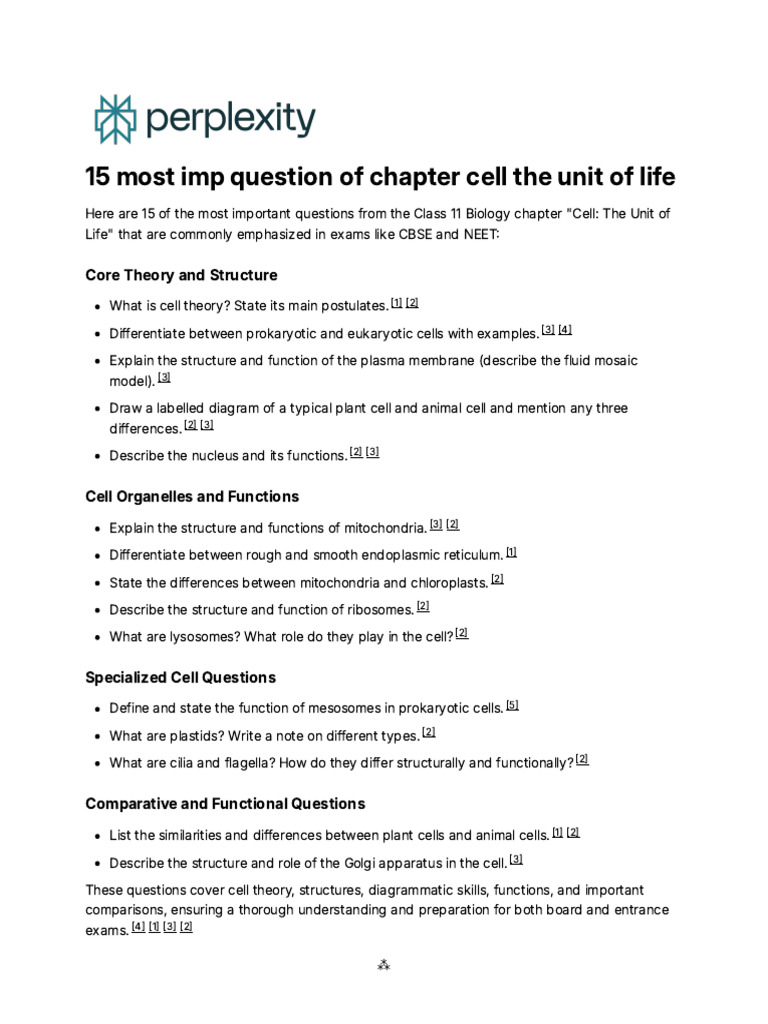 Key Questions on Cell Biology for Exams | PDF | Cell (Biology) | Cell ...