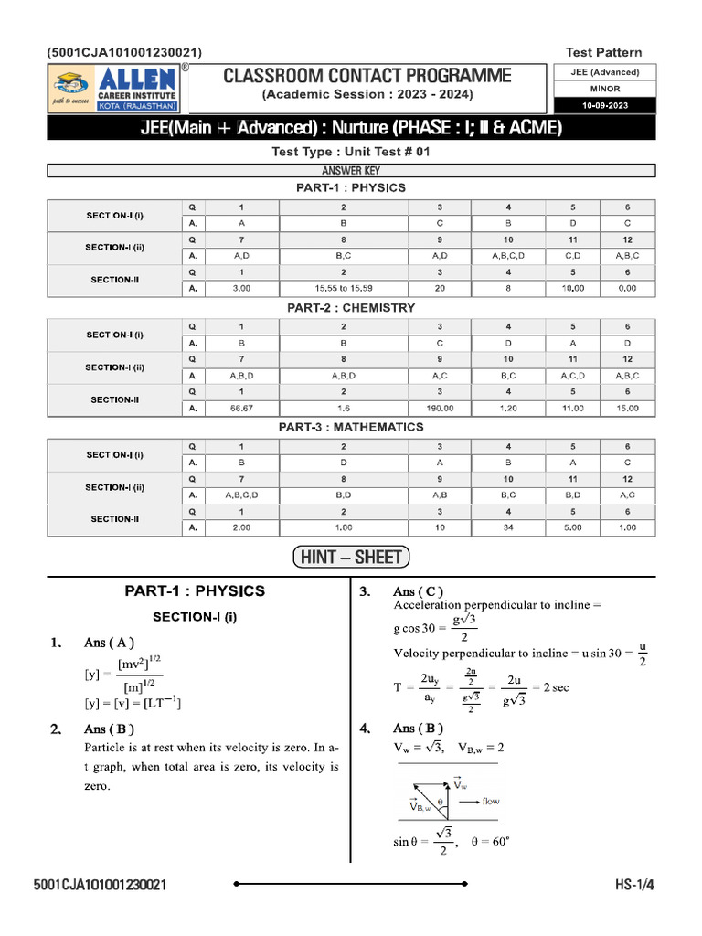 02. Hint & Solution Nurture Phase-I, II & ACME Paper 10-07-23 | PDF