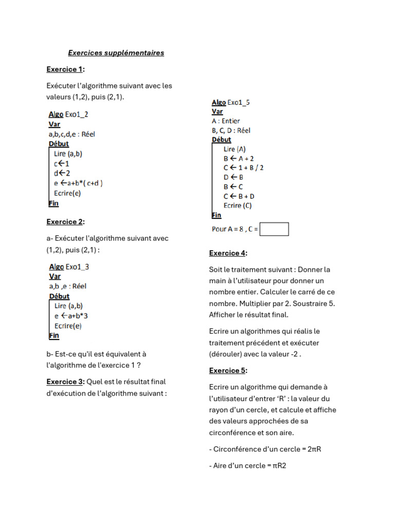 Exercices d'algorithmes et calculs mathématiques | PDF