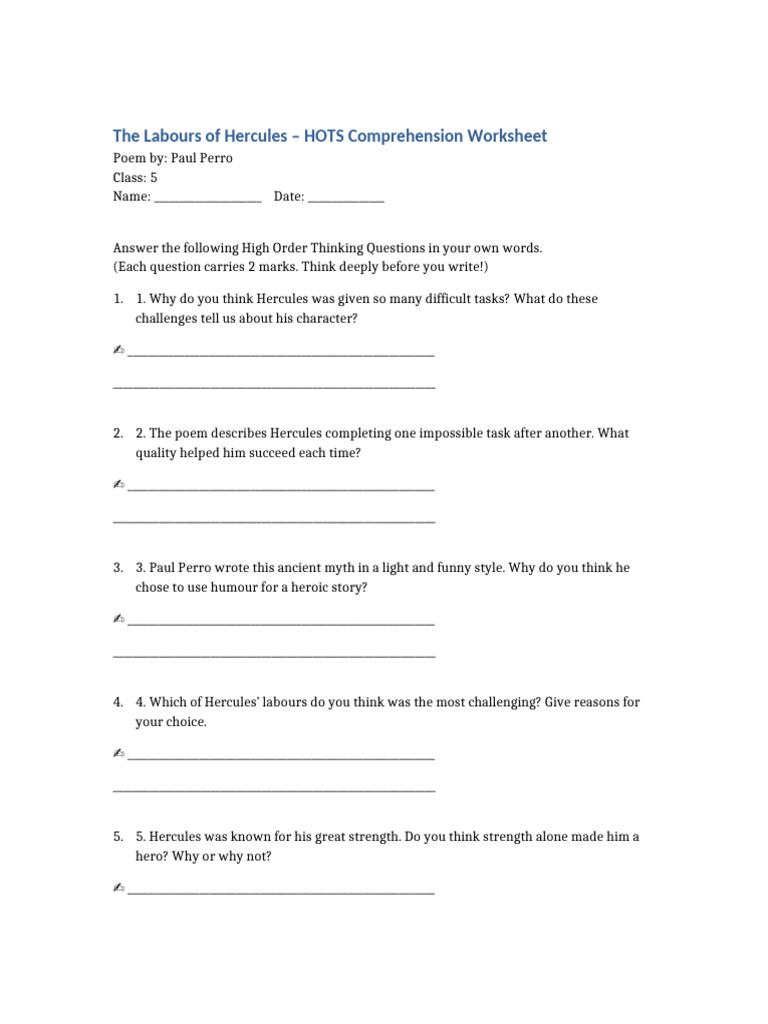 The Labours of Hercules HOTS Questions Grade5 | PDF | Poetry