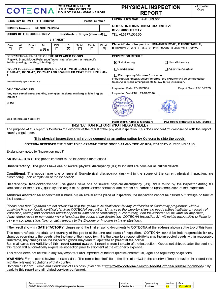 Physical Inspection Report - Exporters & Office Copy - Ke-Nbo-2502824-1 ...