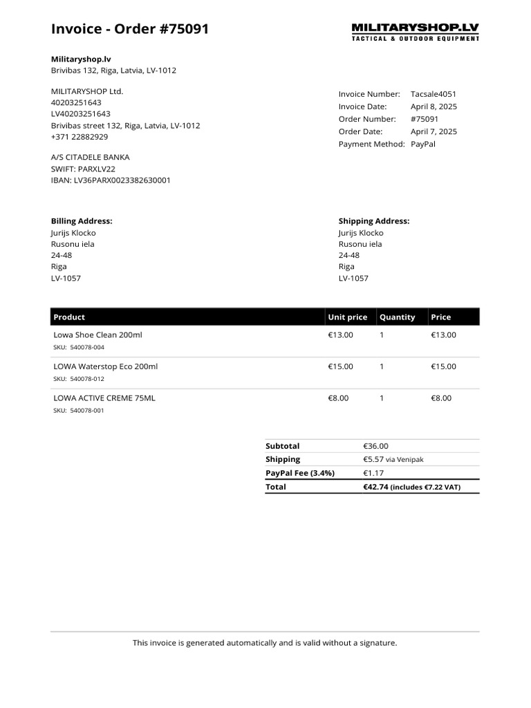 Invoice for Order #75091 - Militaryshop | PDF