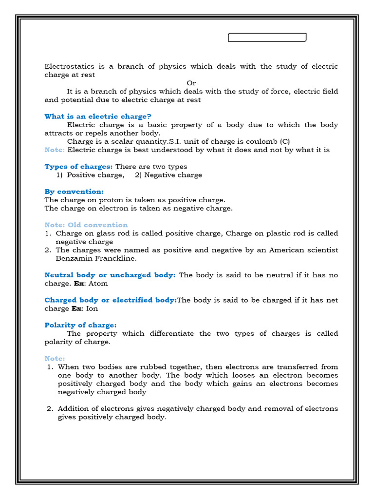 1 Electrostatics | PDF | Electric Charge | Electric Field