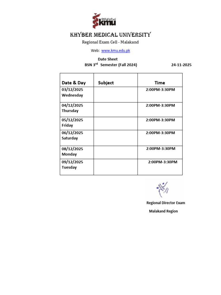 BSN 3rd Semester Date Sheet | PDF