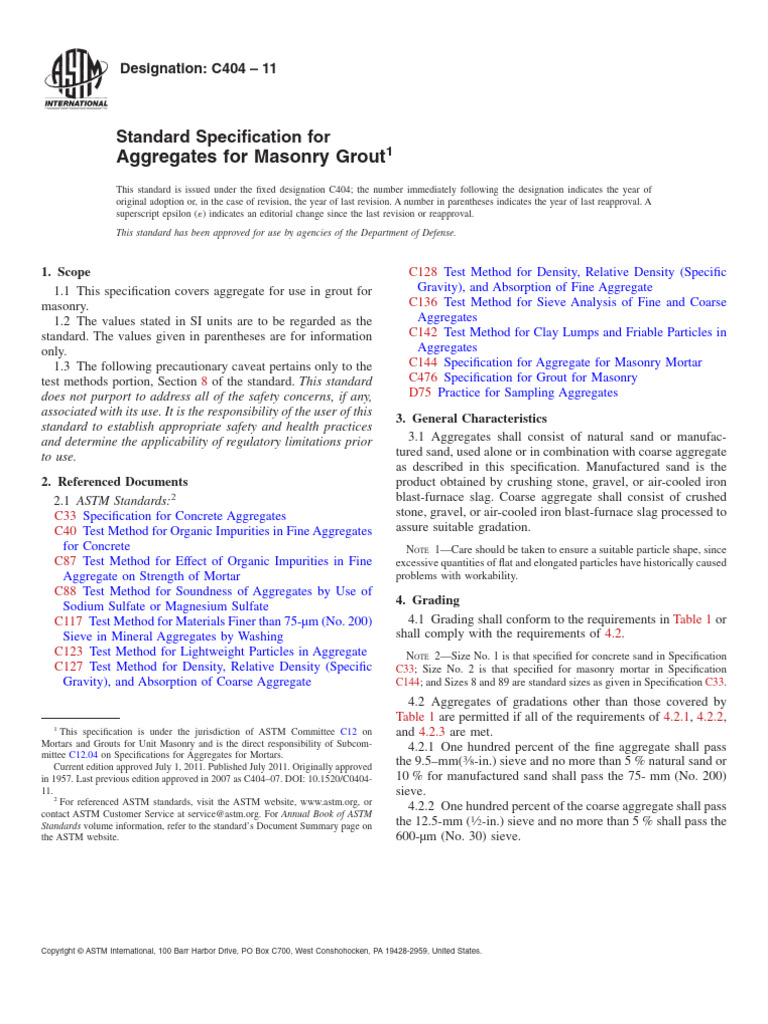 ASTM C404 Standard for Masonry Grout Aggregates | PDF | Construction ...