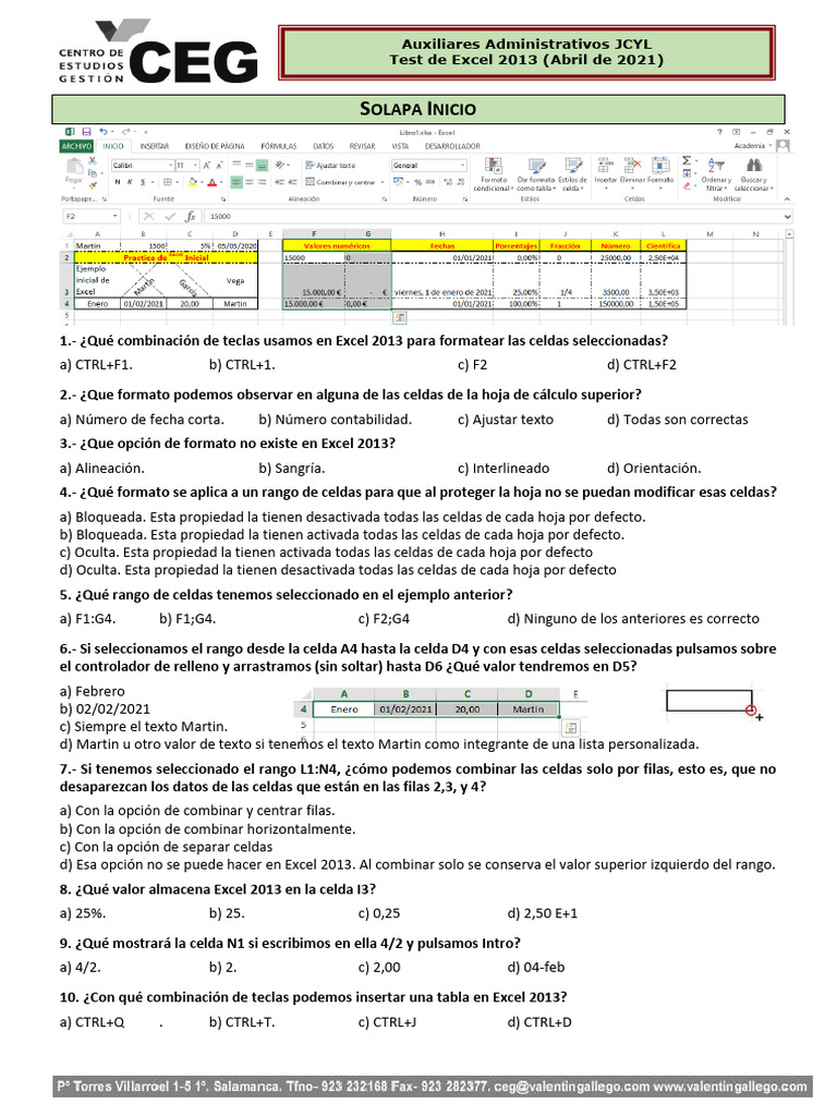 Test de Excel 2013 para Auxiliares Administrativos | PDF | Microsoft ...