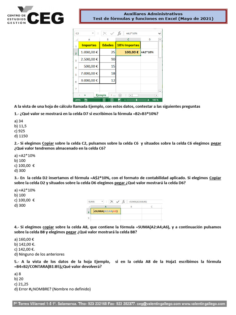 Test de Excel: Fórmulas y Funciones | PDF | Hoja de cálculo | Microsoft ...