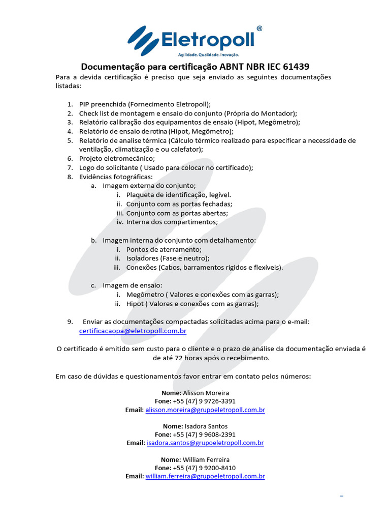 Documentação para Certificação ABNT NBR IEC 61439 | PDF