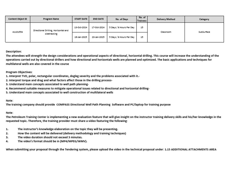 Schedule & Objectives - Directional Drilling, Horizontal and ...